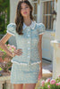 2 Piece Blue Tweed Short Sleeves Blazer Homecoming Outfits with Pearls