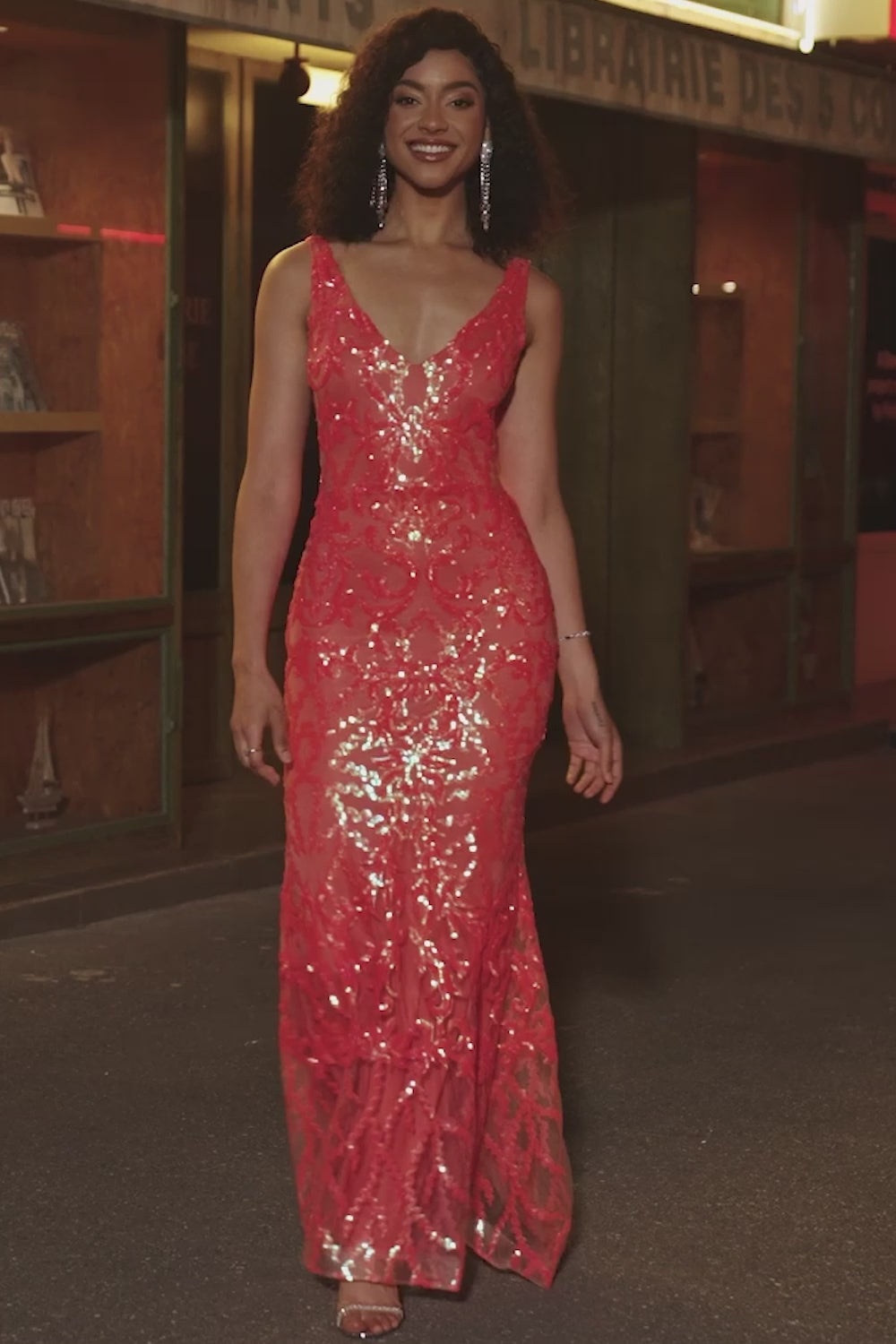 Orange Charming Mermaid Deep V Neck Sparkly Sequin Prom Dress with Embroidery