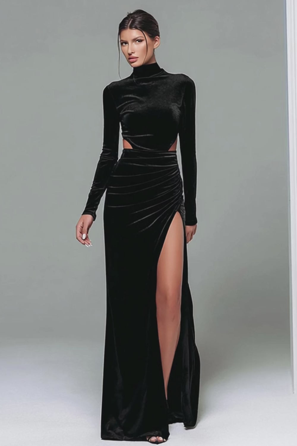 Black Velvet High Neck Sheath Long Sleeves Holiday Party Dress with Slit