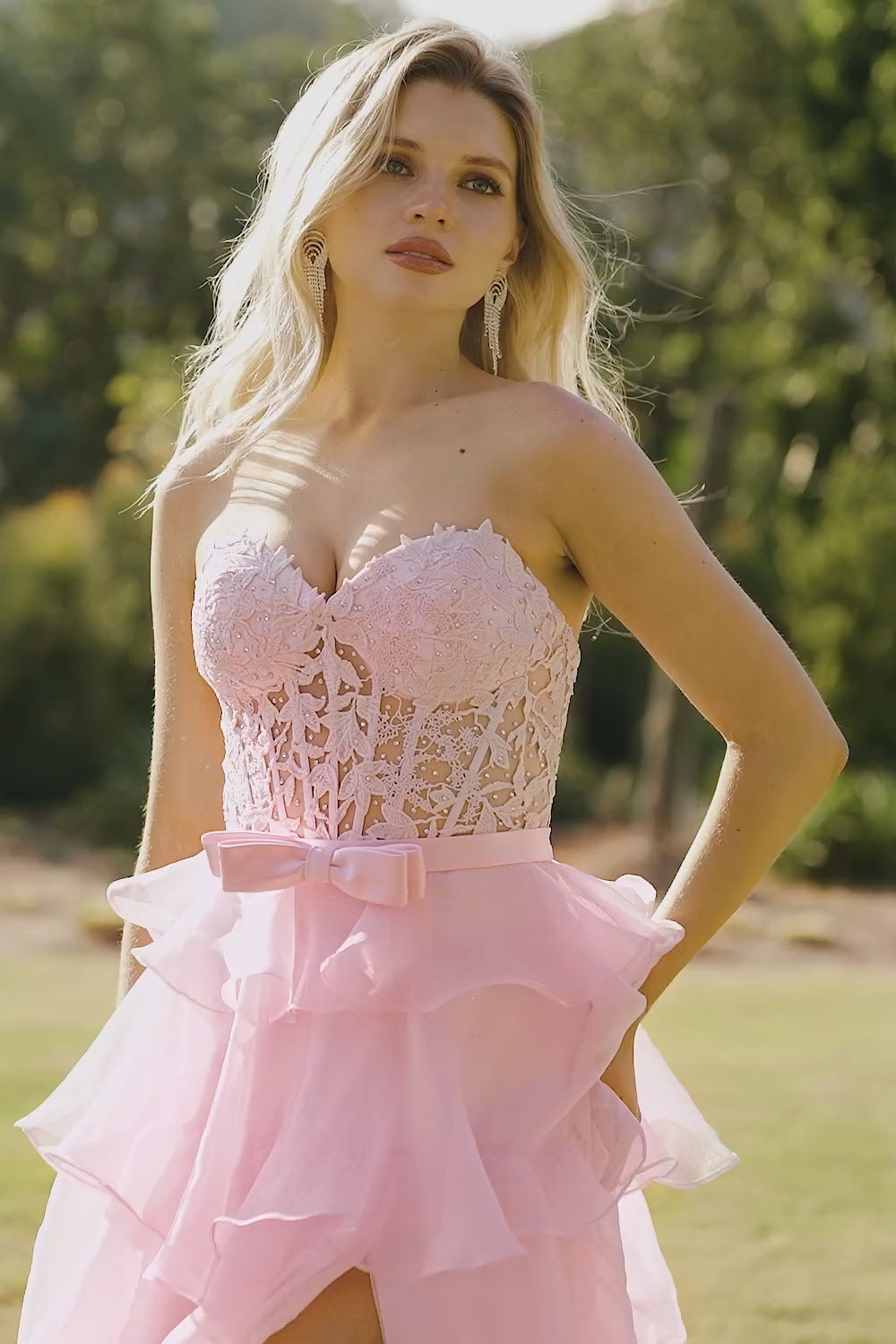 Pink A Line Tiered Sweetheart Long Corset Prom Dress with Slit
