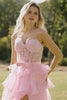 Pink A Line Tiered Sweetheart Long Corset Prom Dress with Slit
