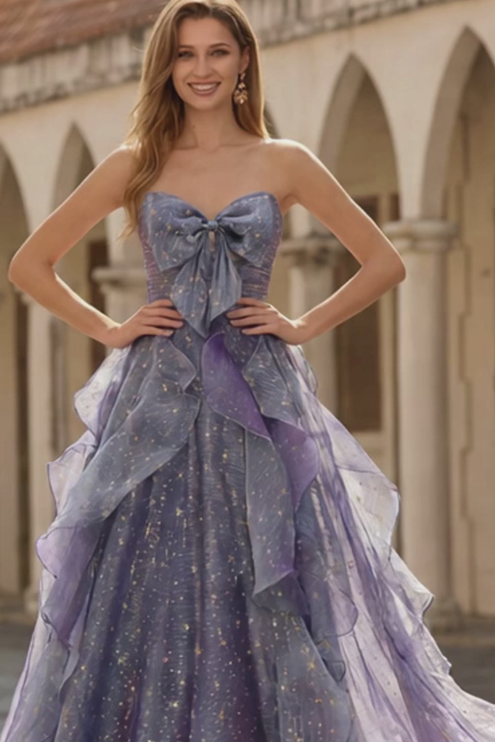 Plus Size Glitter Dusty Blue A Line Ruffled Long Prom Dress with Bow