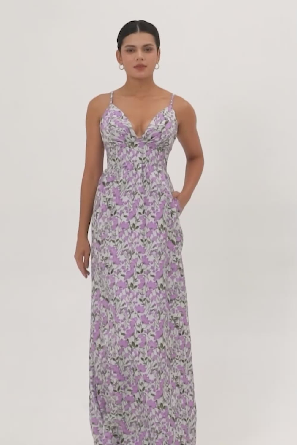 Purple Floral Ruched Spaghetti Straps Long Wedding Guest Dress