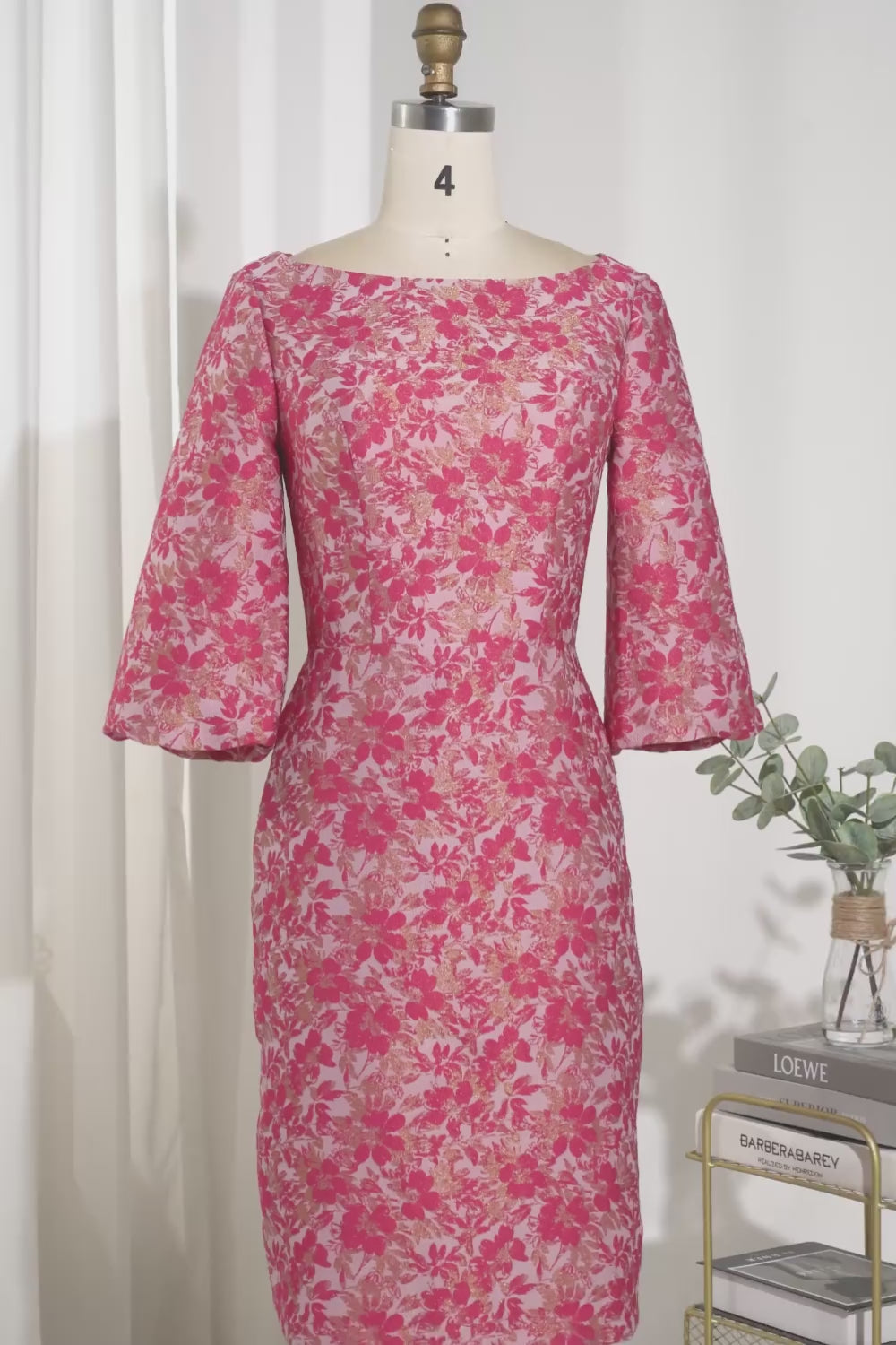 Fuchsia Floral Boat Neck Bodycon Midi Mother of the Bride Dress with Sleeves