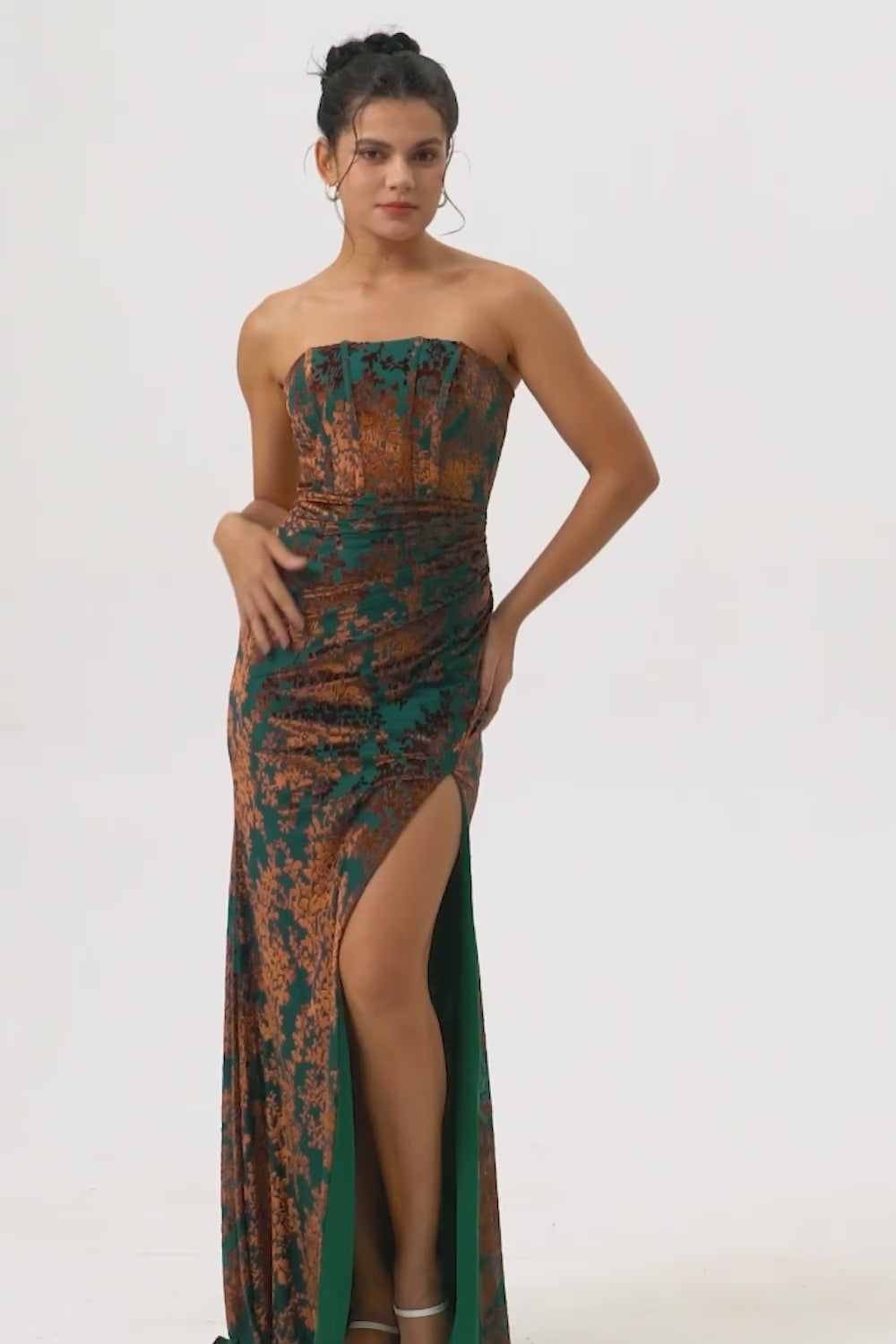 Peacock Green Strapless Corset Long Velvet Bridesmaid Dress with Slit
