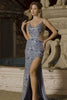 Sparkly Floral Dusty Blue Beaded Cut Out Long Prom Dress with Slit