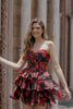 Black and Red Corset Sweetheart Floral Short Homecoming Dress with Ruffles