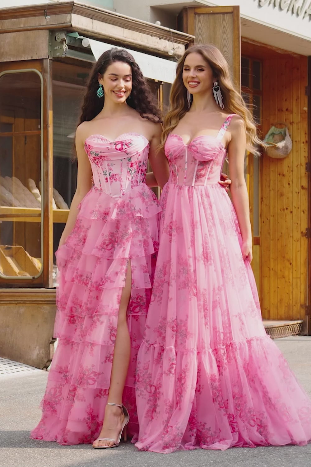 Blush Floral A-Line Ruffled Corset Sweetheart Long Prom Dress with Slit