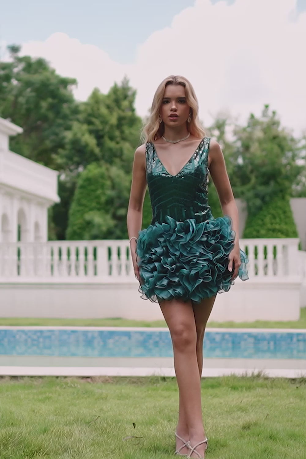Glitter Dark Green Tight Sequins Homecoming Dress with Detachable Ruffles