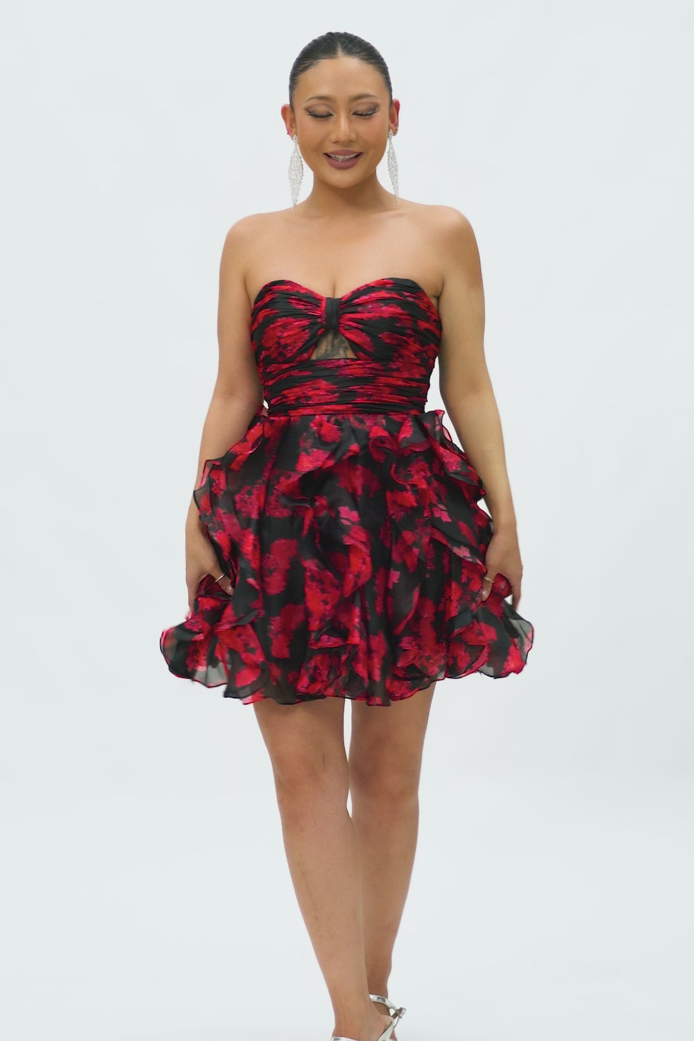 Black and Red Sweetheart Floral Cut Out Short Homecoming Dress with Ruffles