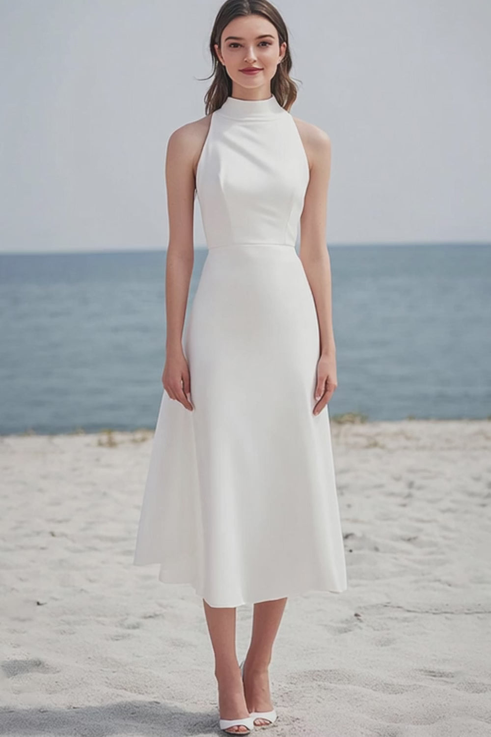 Ivory Satin High Neck Maxi Rehearsal Dinner Dress