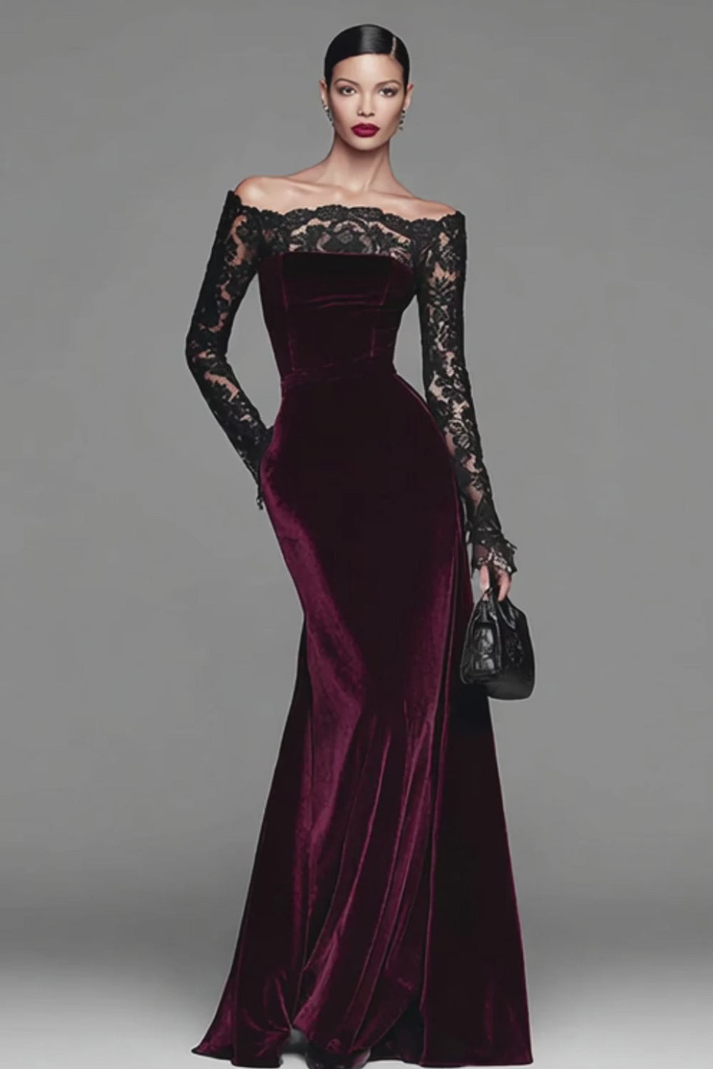 Burgundy Velvet Mermaid Long Sleeves Holiday Party Dress with Lace