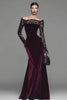 Burgundy Velvet Mermaid Long Sleeves Holiday Party Dress with Lace