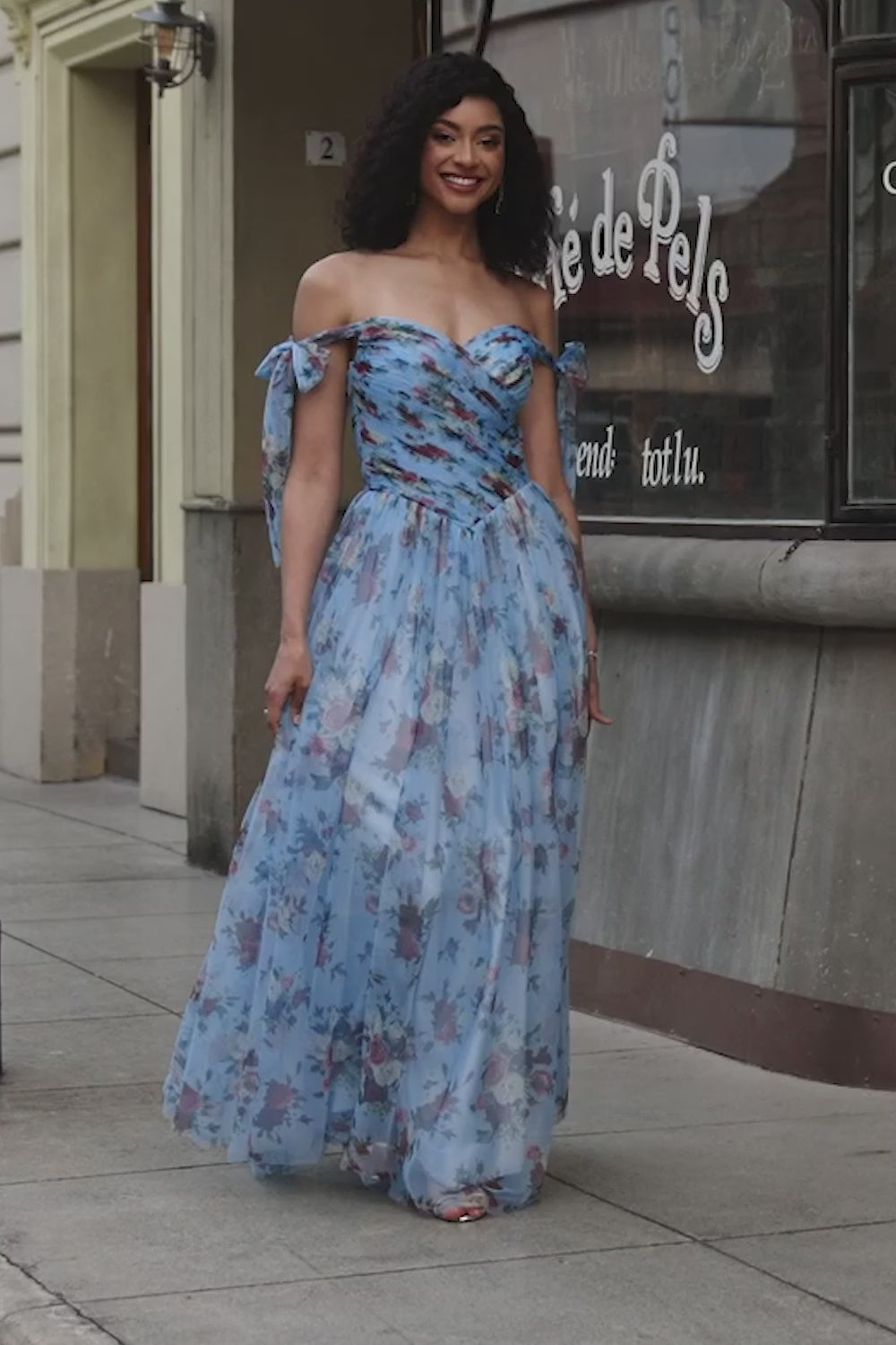 Blue A-Line Printed Adjustable Straps Long Prom Dress