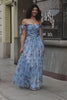 Blue A-Line Printed Adjustable Straps Long Prom Dress