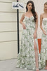 A-Line Spaghetti Straps Green Printed Long Prom Dress With Slit