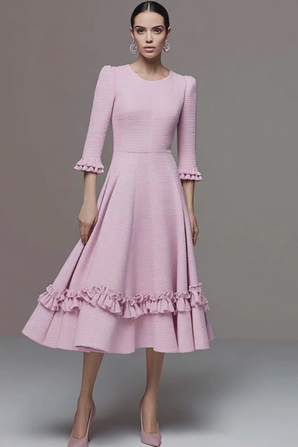 Pink Ruffled Tweed A Line Midi Homecoming Outfits with Sleeves