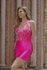 Sparkly Fuchsia Corset Tight Halter Short Homecoming Dress with Rhinestones