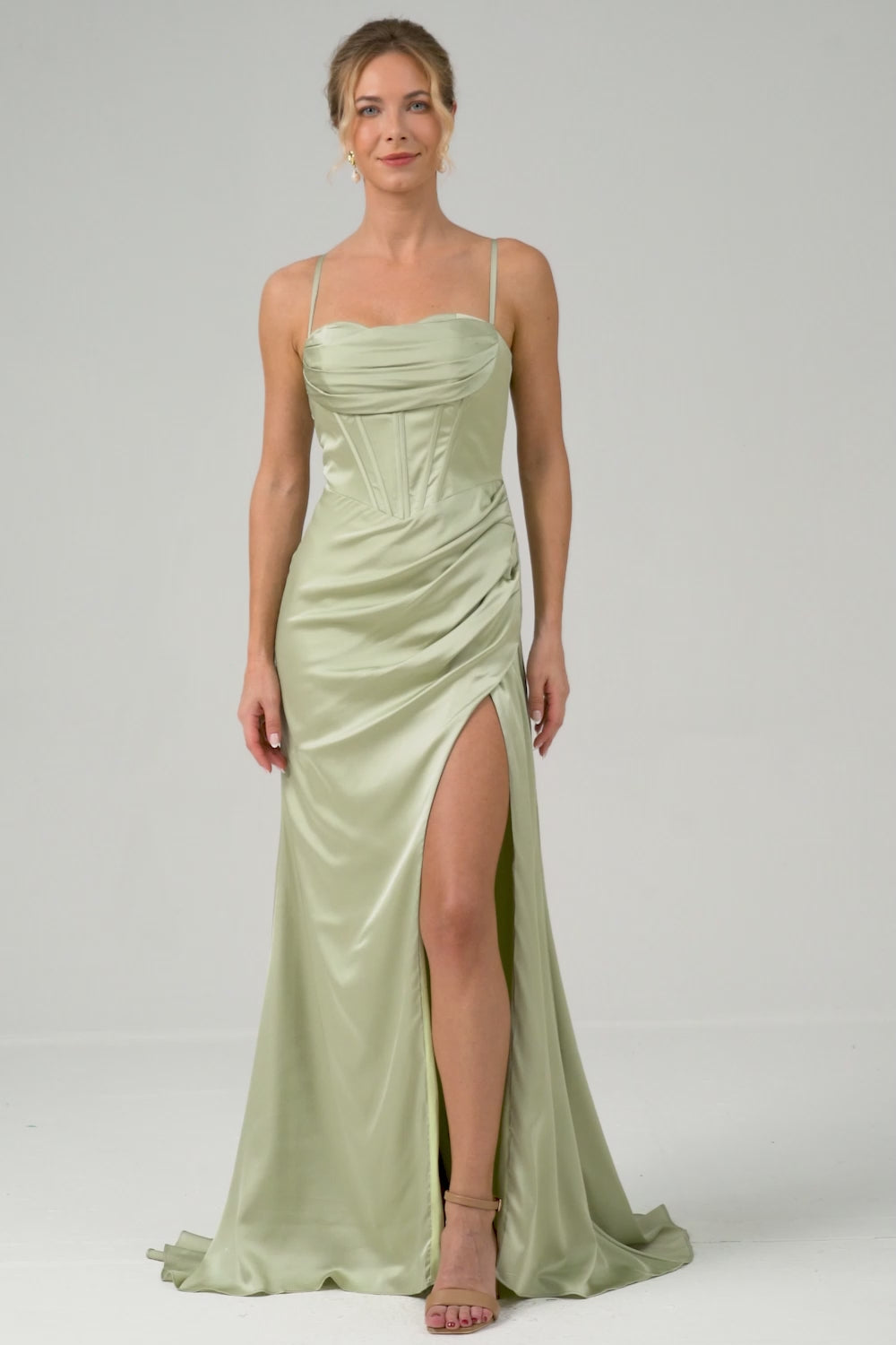 Sage Corset Long Bridesmaid Dress with Slit