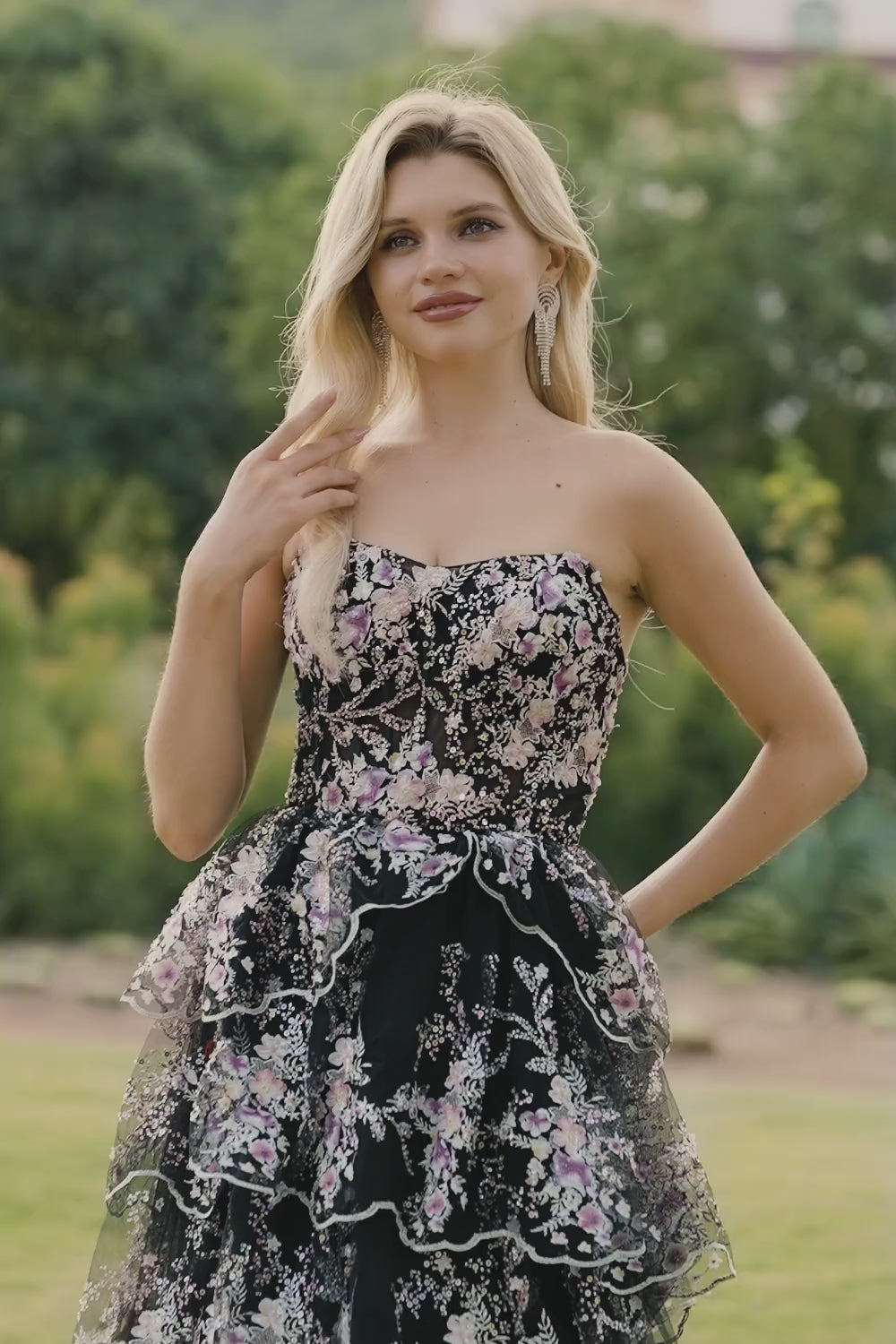 blue dress for baby girl Zapakasa Women Sparkly Floral Black Pink Lace Long Prom Dress with Sequins  A Line Ruffled Tiered Strapless Lace Up Back Pageant Dress