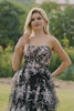 Sparkly Black and Pink Floral A Line Lace Tiered Strapless Long Prom Dress