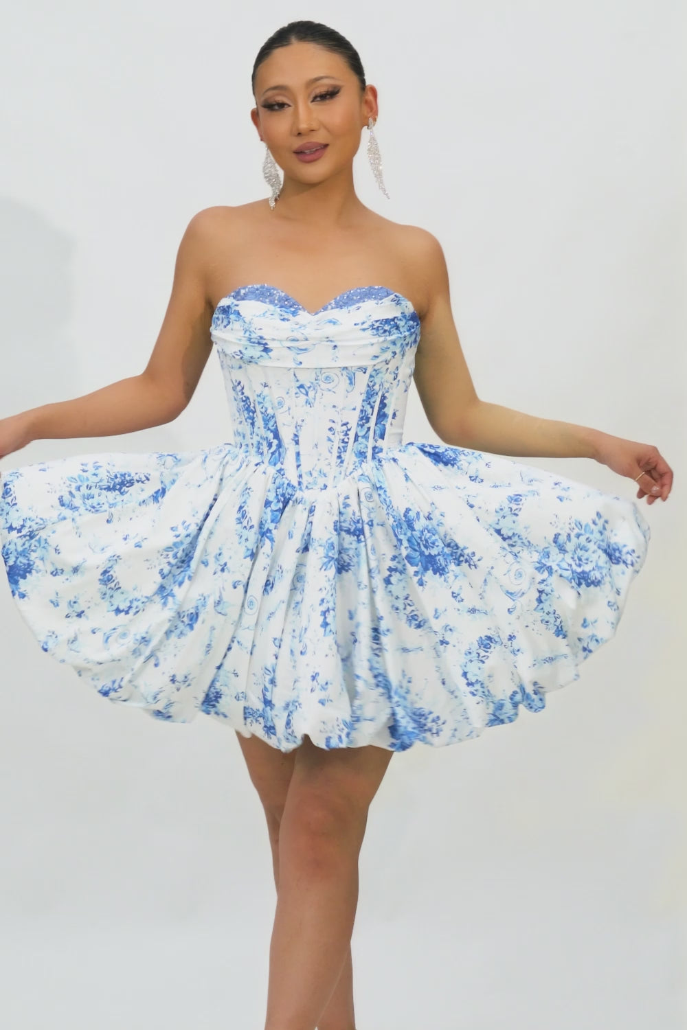 White Blue Floral Sweetheart Corset Short Homecoming Dress
