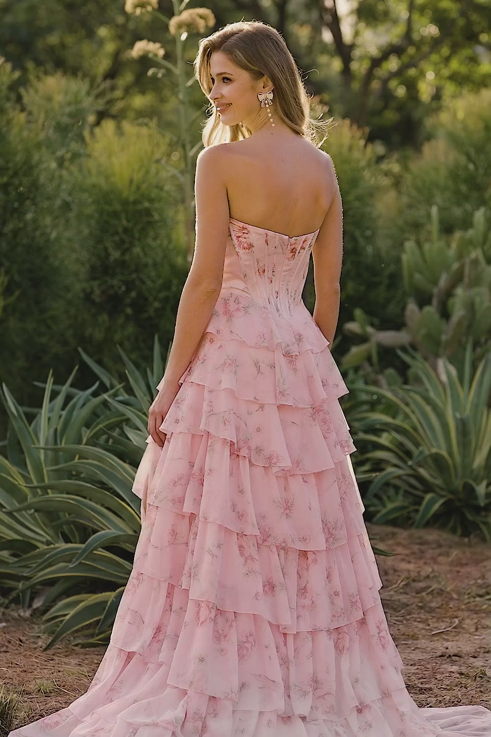 Floral Blue Ruffled A Line Long Corset Prom Dress with Slit