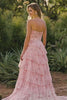 Floral Blue Ruffled A Line Long Corset Prom Dress with Slit
