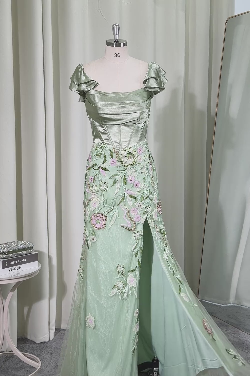 Green Corset Mermaid Floral Appliqued Long Prom Dress with Slit