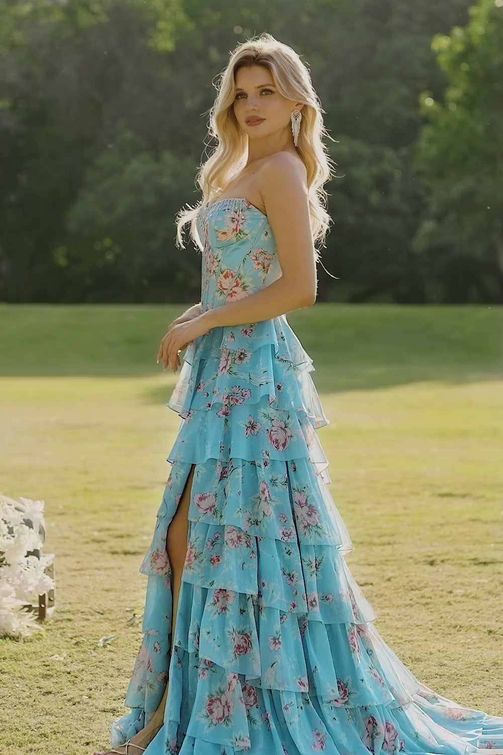 Floral Blue Ruffled A Line Long Corset Prom Dress with Slit
