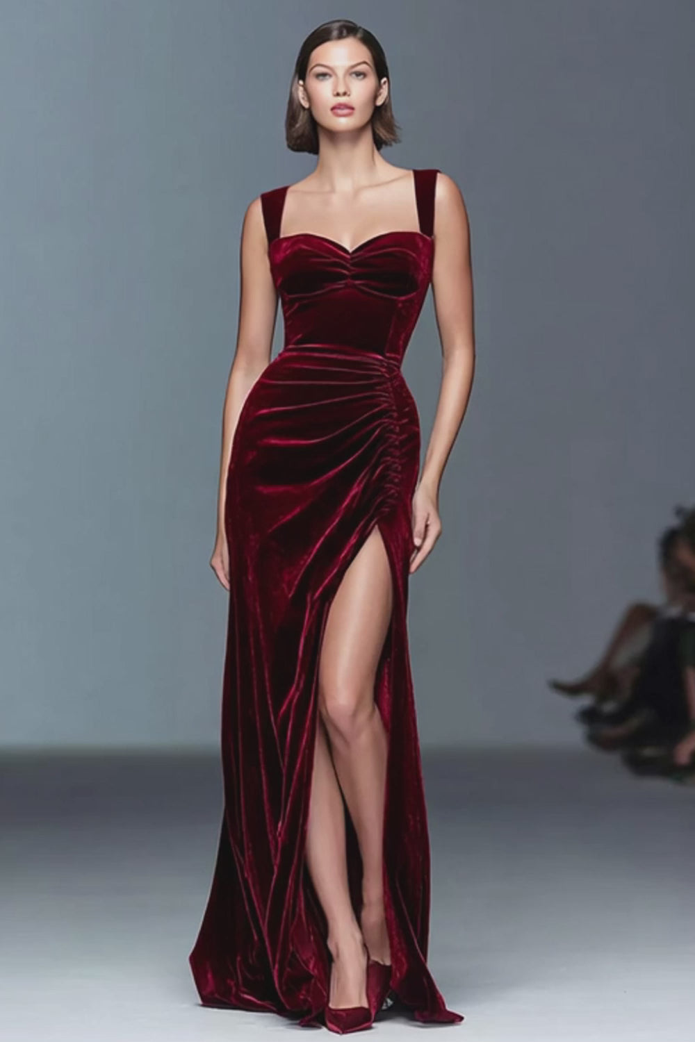 Burgundy Velvet Ruched Long Holiday Party Dress with Slit