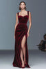 Burgundy Velvet Ruched Long Holiday Party Dress with Slit