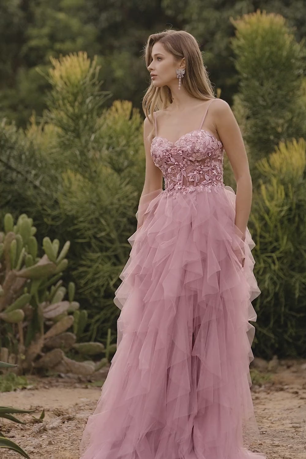 Floral Pink A Line Sweetheart Tulle Long Prom Dress with Beading