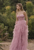 Floral Pink A Line Sweetheart Tulle Long Prom Dress with Beading