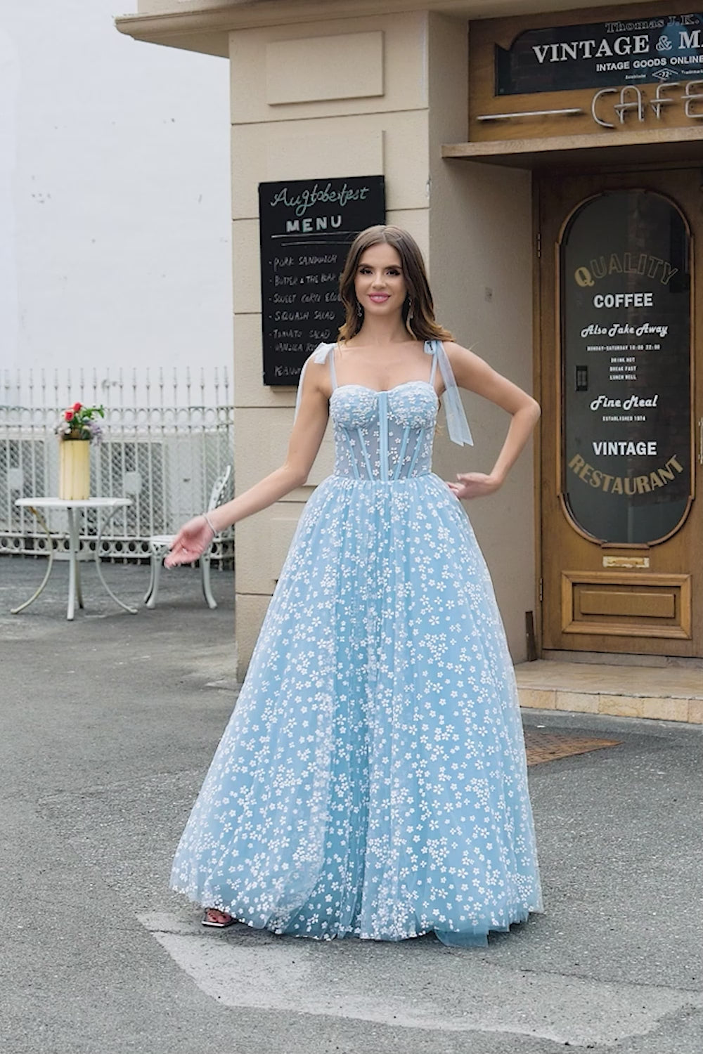 Spaghetti Straps Sky Blue A-Line Corset Prom Dress with Florals