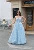 Spaghetti Straps Sky Blue A-Line Corset Prom Dress with Florals