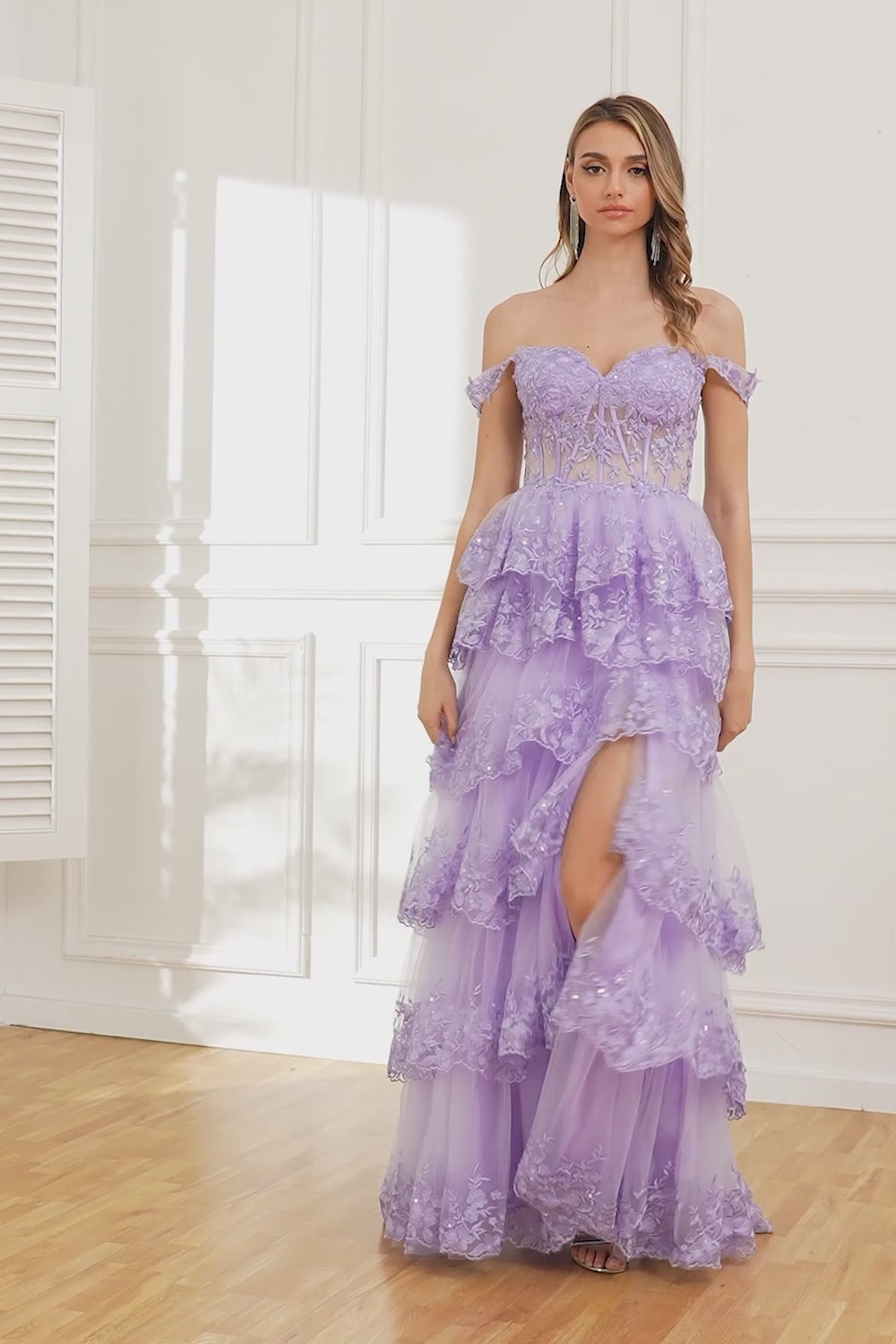 Off the Shoulder Purple Corset Prom Dress with Slit