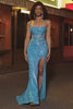 Spaghetti Straps Blue Sparkly Corset Prom Dress with Slit