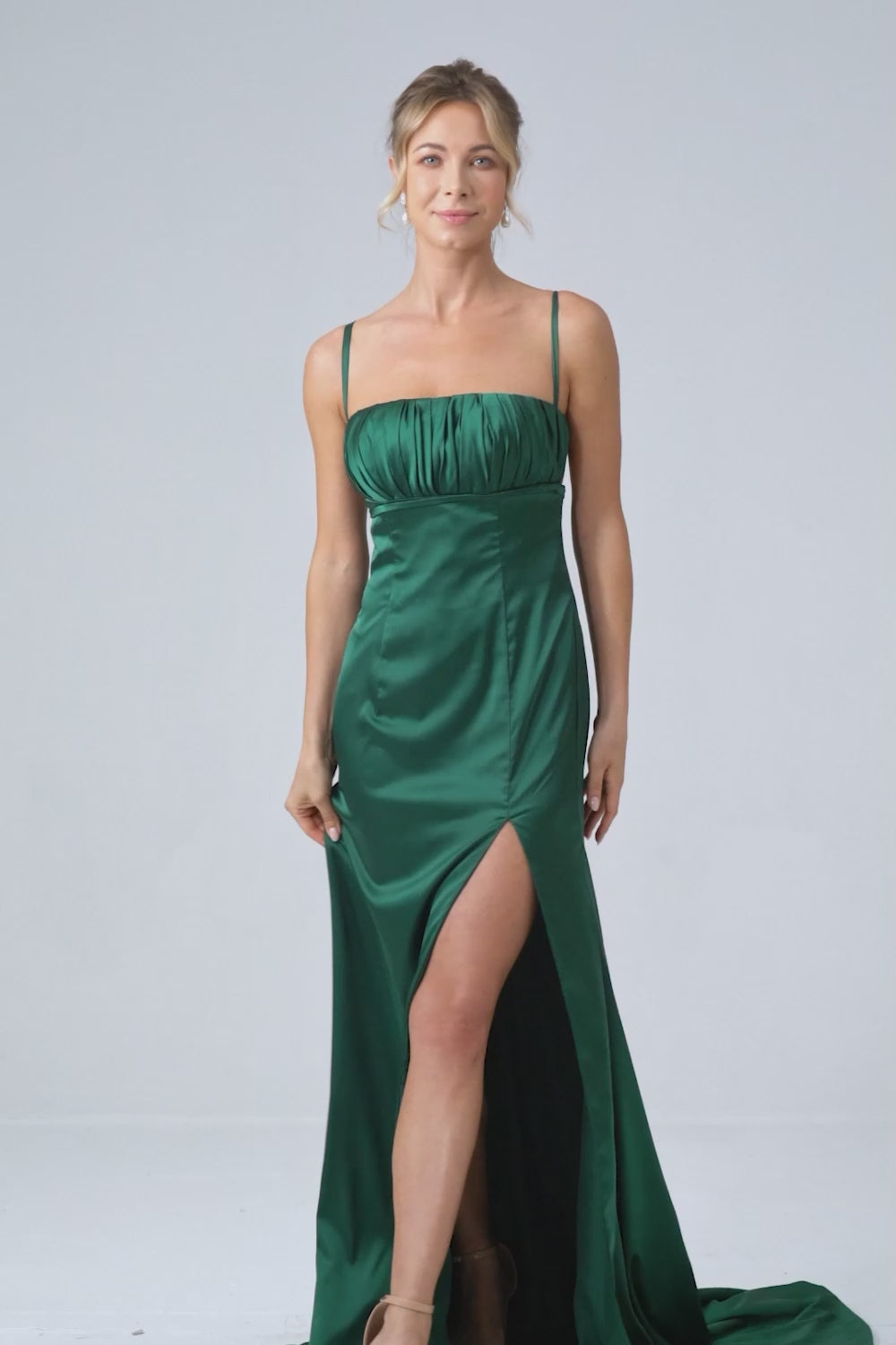 Dark Green Mermaid Spaghetti Straps Satin Long Bridesmaid Dress with Pleated