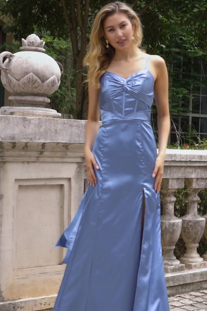 Grey Blue Mermaid Spaghetti Straps Long Satin Bridesmaid Dress with Slit