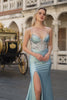 Sparkly Dusty Blue Satin Mermaid Long Corset Prom Dress with Slit