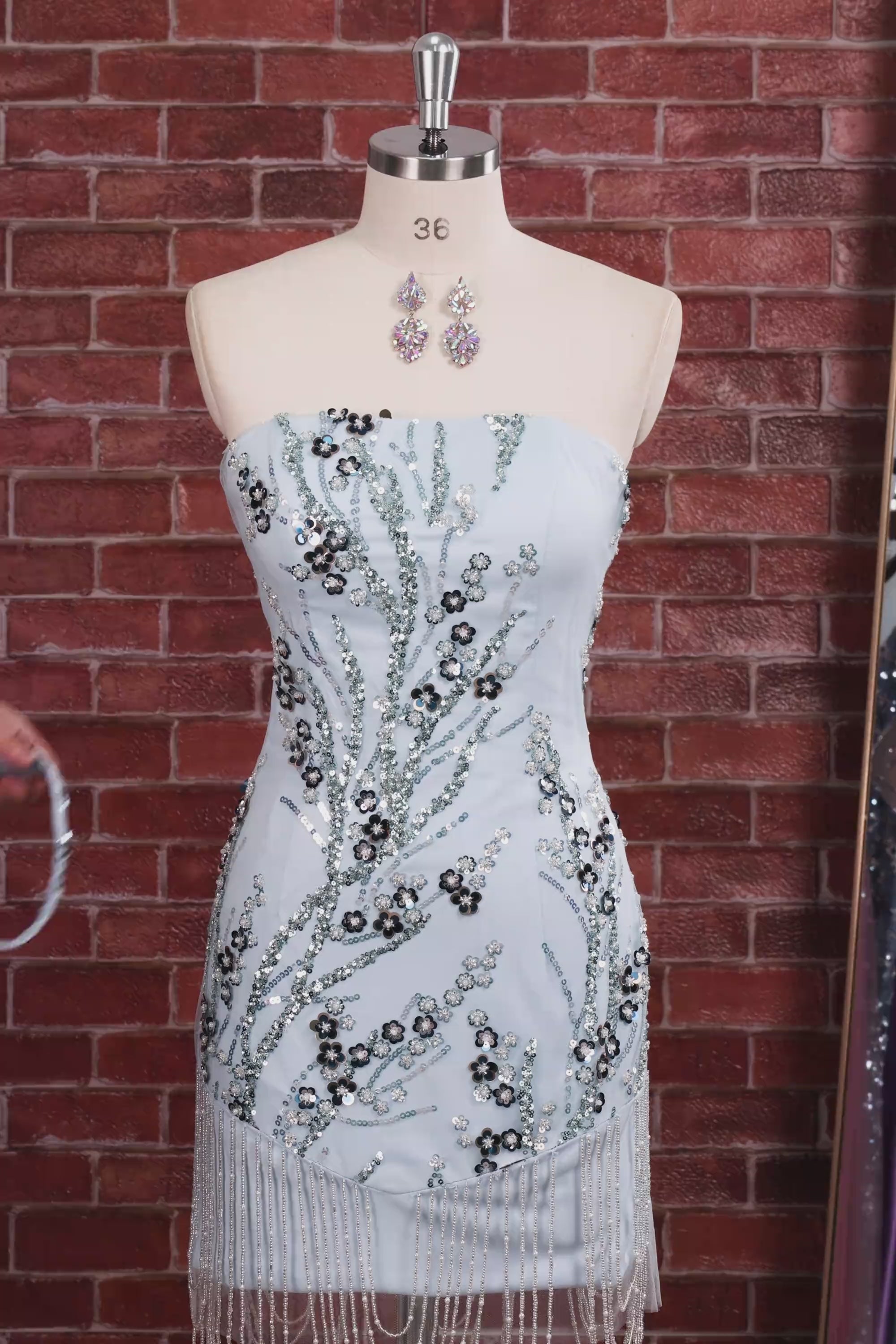 Dusty Blue Sequins Tight Floral Fringed Sparkly Short Homecoming Dress