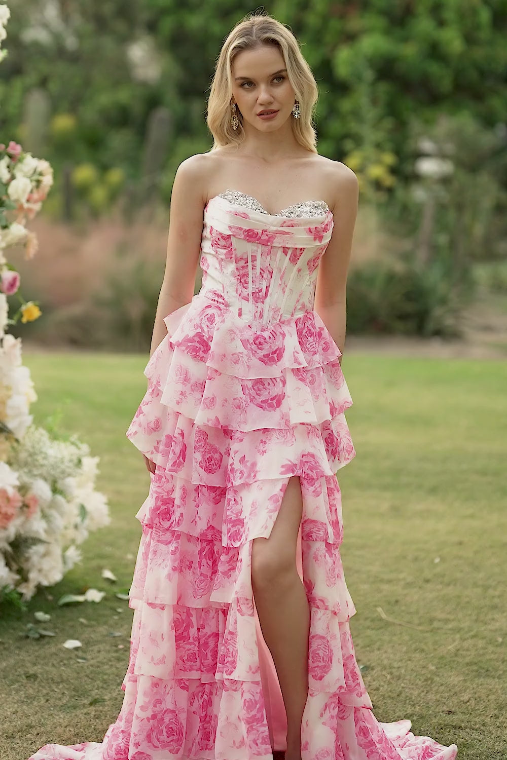 Sparkly Floral White Pink Ruffled Strapless Long Corset Prom Dress