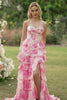 Sparkly Floral White Pink Ruffled Strapless Long Corset Prom Dress