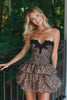 Khaki Ruffled Leopard Printed Short Homecoming Dress with Lace