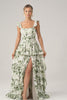 Green Floral Ruffles Tiered Prom Dress with Slit