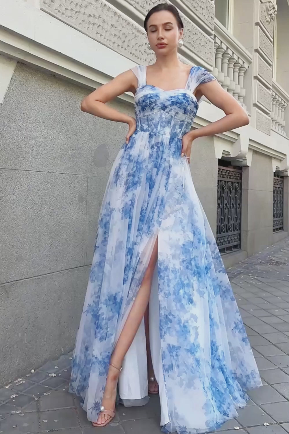 White Blue Flower Off The Shoulder Corset Long Bridesmaid Dress with Slit