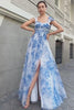 White Blue Flower Off The Shoulder Corset Long Bridesmaid Dress with Slit