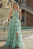 Sparkly Sage Green A Line Tiered Keyhole Long Prom Dress with Slit