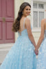 Sky Blue A Line Spaghetti Straps Sparkly Beaded Prom Dress with 3D Butterflies